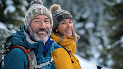 Happy senior mid-aged couple man and woman in winter mountains hiking leading healthy lifestyle in the open air during retirement vacation