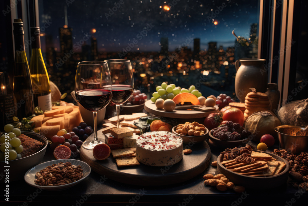 A celestial-themed wine and cheese tasting setup, offering a sophisticated yet whimsical experience for couples. Generative Ai.