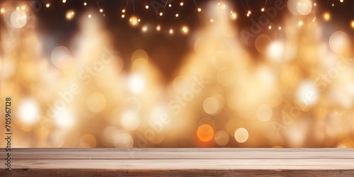 Winter or Christmas tree backdrop with empty wooden table and blurred lights. Template for showcasing products.