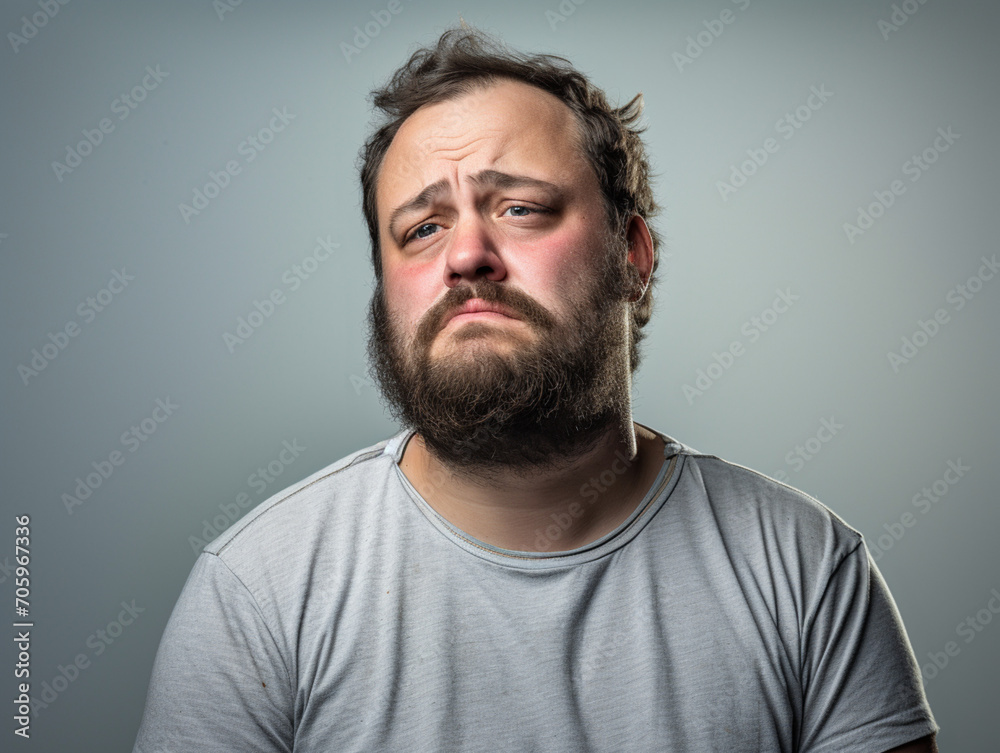 Portrait of a fat man with beard and mustache making a sad face, on a gray background Portrait of a fat man with beard and mustache making a sad face, on a gray background