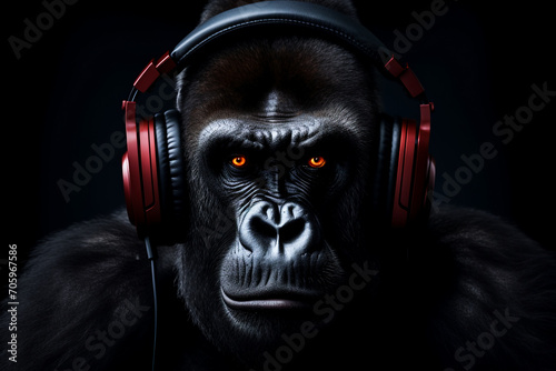 Gorilla with headphones on black background