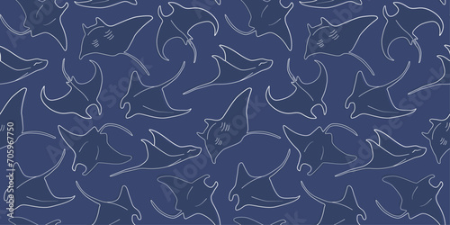 Seamless pattern with silhouettes of sea animals stingrays swimming in the water. Linear vector graphics.