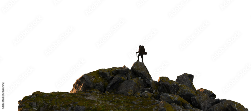 Adventure Woman Hiker standing on top of Rocky Mountain Peak. PNG Cutout. 3d Rendering Adventure Woman Hiker standing on top of Rocky Mountain Peak. PNG Cutout. 3d Rendering