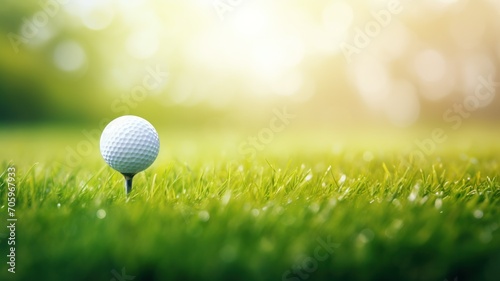Golf Ball on Tee in Sunlit Grass Poster or Sign with Open Empty Copy Space for Text 