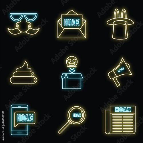 Hoax fake icons set. Outline set of hoax fake vector icons neon color on black