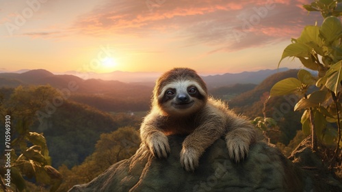 A solitary sloth hanging against a backdrop of a breathtaking sunset in the jungle. -Generative Ai 