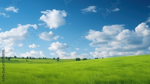 Nature scenic of green grass field and blue sky with white clouds clear sky background. Generate AI