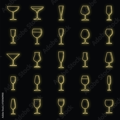 Home wineglass icons set. Outline set of home wineglass vector icons neon color on black