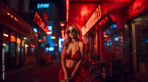 Stunning Girl in Sunglasses in Red City Lights