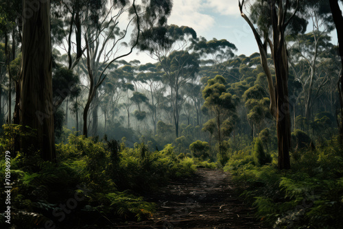 Eucalyptus forests with misty landscapes, embodying the distinctive flora that characterizes Australia. Generative Ai.