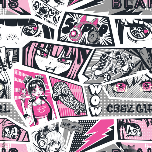 Abstract seamless anime girl pattern with comics style background, skateboard illustration, skate rollers,text Cool girl, headphones with cat ears. Anime Eyes repeat ornament. Manga girls. 