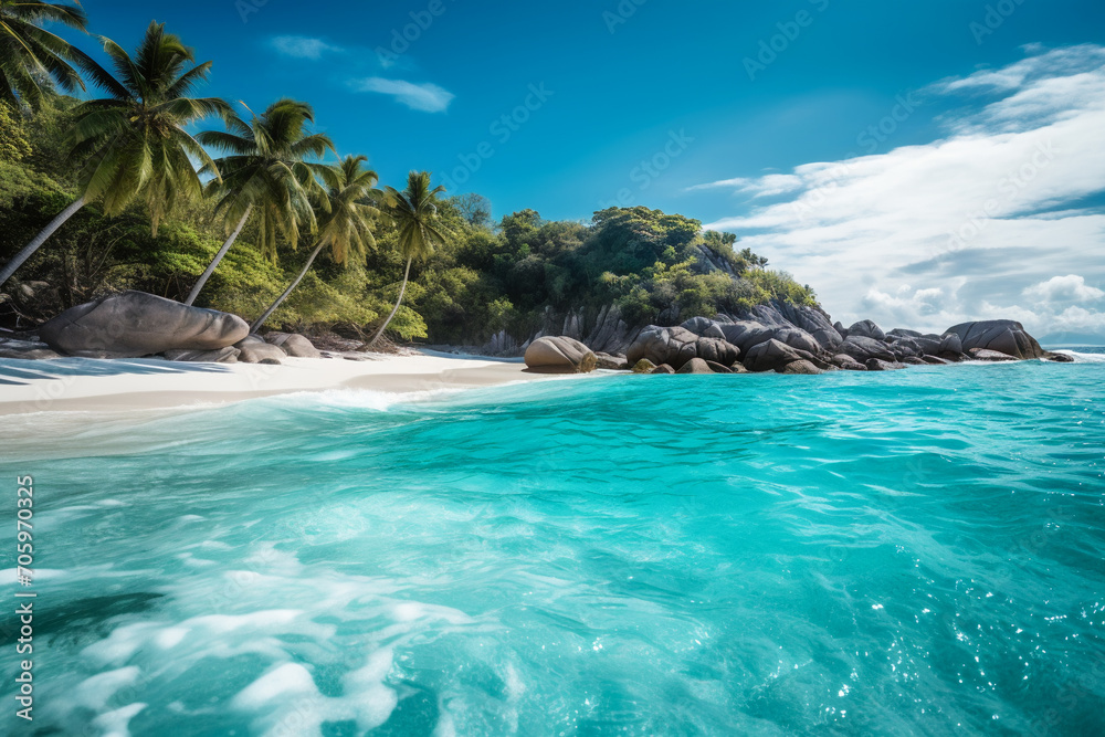 Tropical beach  with turquoise water, white sand, and palm trees. AI Generated