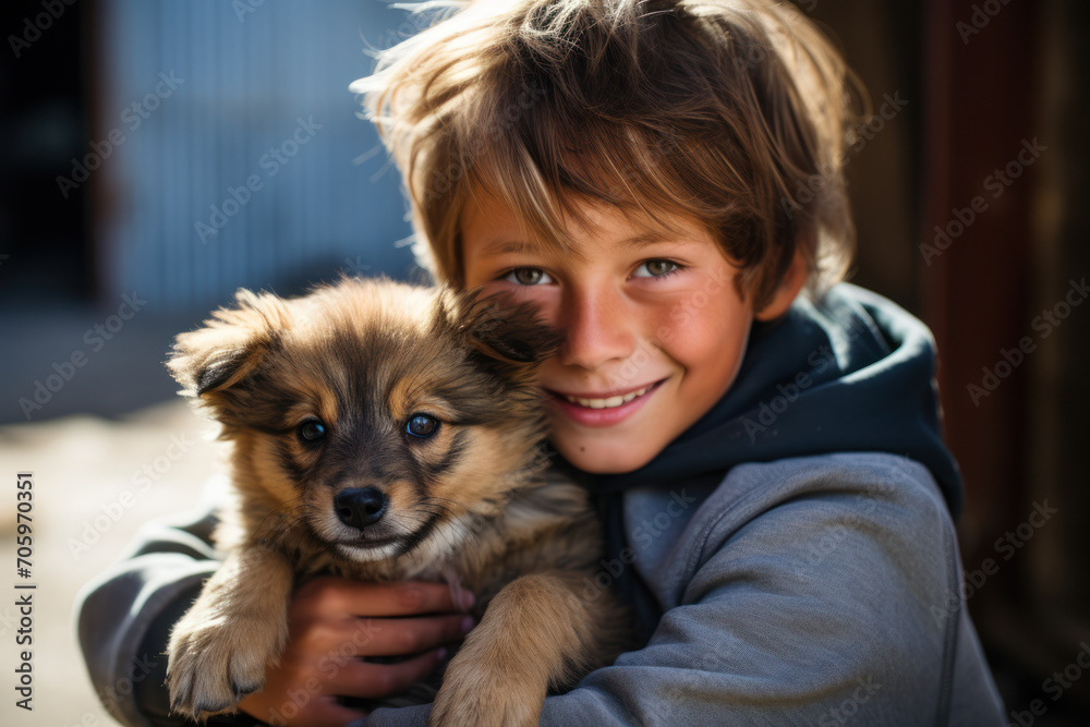 A boy volunteering at an animal shelter, showcasing compassion and a love for animals. Generative Ai. A boy volunteering at an animal shelter, showcasing compassion and a love for animals. Generative Ai.