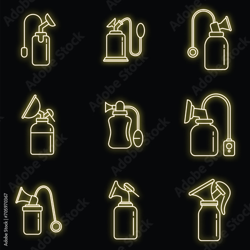 Modern breast pump icons set. Outline set of modern breast pump vector icons neon color on black