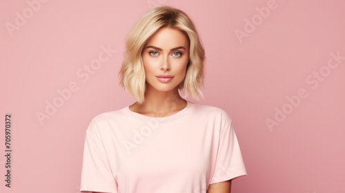 Young Blond Woman in Pink Clothing Standing Against Solid Pink Background AI Generated