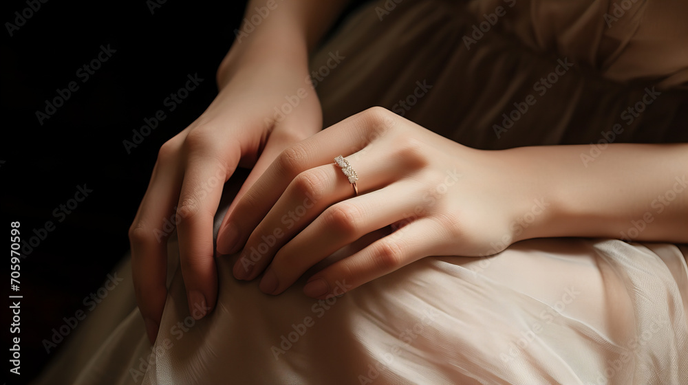 closeup of a model's hand with a gold ring