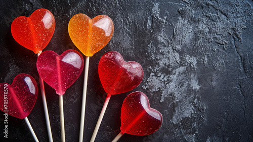 heart shaped lollipops on dark, rough background