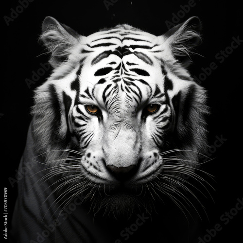 Portrait of white bengal tiger on a black background. Copy space for text, advertising, message, logo