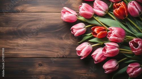 tulips arrangement on a wooden table flat lay top view #705971108