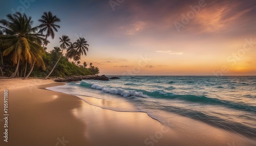 Tropical Sunset on Serene Beach with Palm Trees