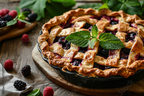 Homemade sweet blackberry pie made of fresh fruits. Generative AI