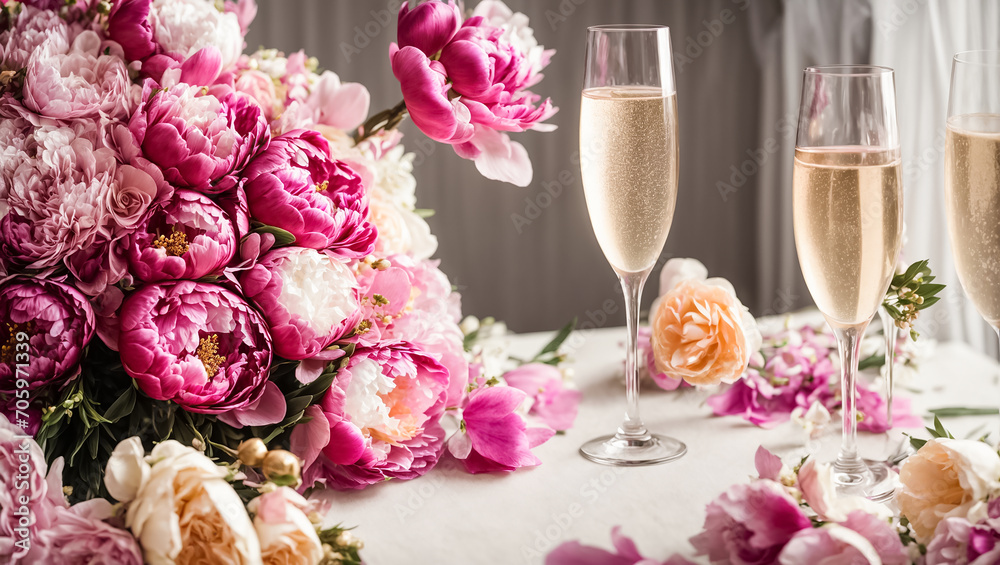 Glass of champagne, bouquet of flowers background card Glass of champagne, bouquet of flowers background card