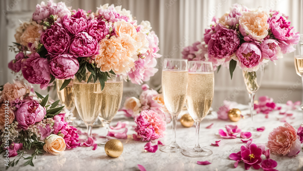 Glass of champagne, bouquet of flowers background concept Glass of champagne, bouquet of flowers background concept