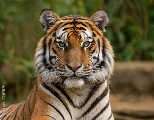 A close-up of a Royal Bengal Tiger Face sitting on the ground  sharp focus  majestic  Bangladesh