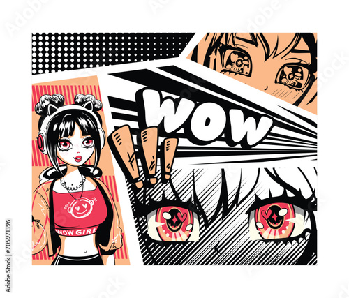 T shirt design Anime girl with big eyes. Manga girl poster. Comics style. Fashion print