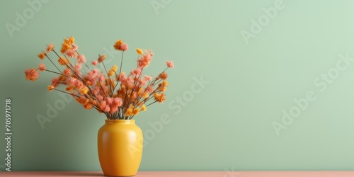Minimal interior with a pink table, mint green wall background, and a vase of yellow and orange dry flowers.