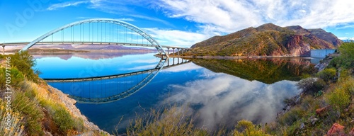 Photos Roosevelt Bridge And Hydroelectric Dam Reflected in Apache Trail Lake Calm Water