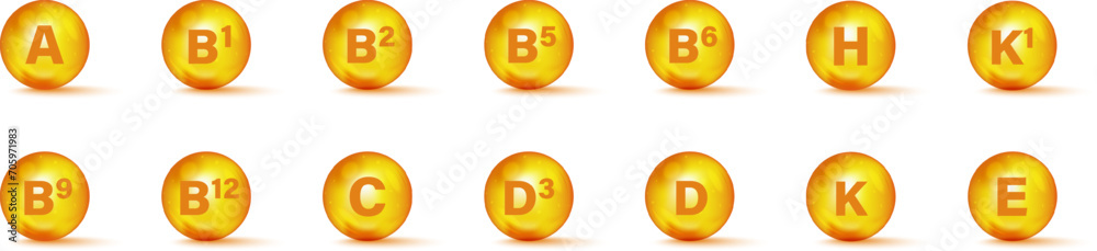 Set of Multi Vitamin complex icons. Multivitamin supplement. Vitamin A, B group B1, B2, B3, B5, B6, B9, B12, C, D, D3, E, K, H, K1, PP. Essential vitamin complex. Healthy life concept