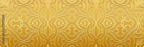 Banner, cover design. Embossed ethnic tribal geometric gold 3D pattern on gold background. Handmade. Ornamental decorative art of the East, Asia, India, Mexico, Aztec, Peru.