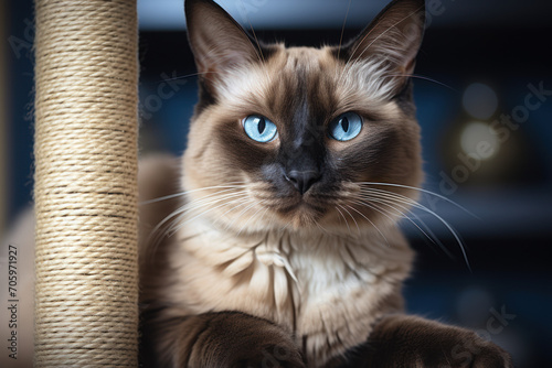 A majestic and regal-looking Siamese cat perched on a cat tree, showcasing the elegance and beauty of this feline breed. Concept of Siamese sophistication. Generative Ai.