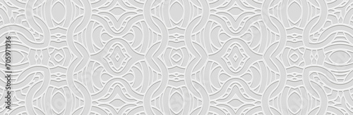 Banner, elegant cover design. Embossed ethnic tribal geometric 3D pattern on white background. Ornamental decorative art of the East, Asia, India, Mexico, Aztec, Peru. photo