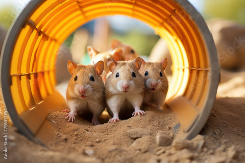 A trio of energetic and acrobatic gerbils exploring tunnels and wheels, highlighting the active and playful nature of these small rodents. Concept of gerbil agility. Generative Ai.