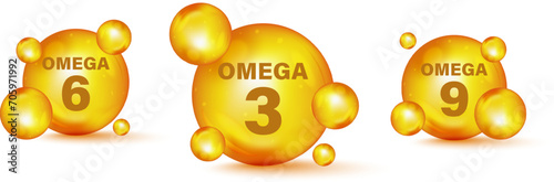 Vector omega acids. Polyunsaturated fatty Omega-3, Omega-6, Omega-9. Set of gold drops icons Omega Three, Six And Nine. Omega fatty acid, epa, dha. Healthy food supplements fatty acid, fish oil photo