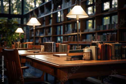 A quiet library bathed in the soft glow of desk lamps, offering a peaceful haven for those seeking knowledge and solitude. Concept of literary escape. Generative Ai.