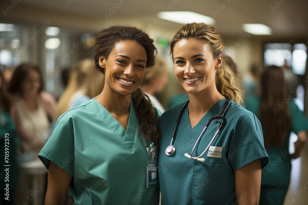 Two smiling beautiful nurses standing on a hallway of a hospital Two smiling beautiful nurses standing on a hallway of a hospital