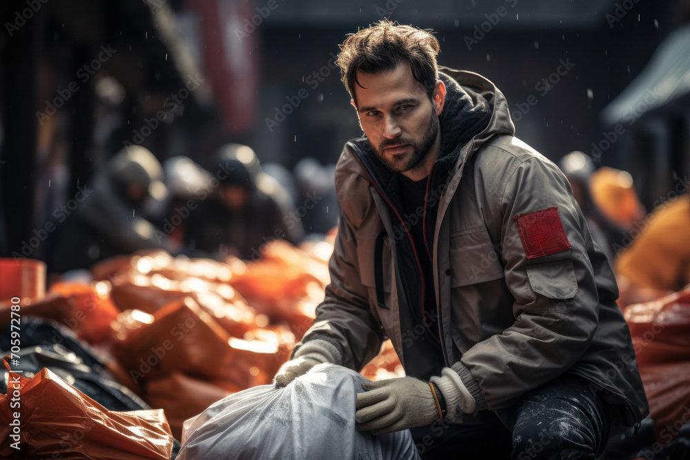 A humanitarian worker distributing aid in a crisis-stricken area, exemplifying the commitment to humanitarian values and global assistance. Concept of humanitarian outreach. Generative Ai.