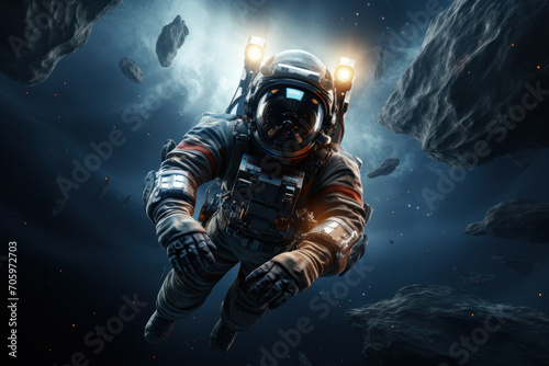 An astronaut conducting experiments in the microgravity of space, symbolizing the pioneering spirit and scientific exploration in space missions. Concept of space research. Generative Ai. © Sebastian