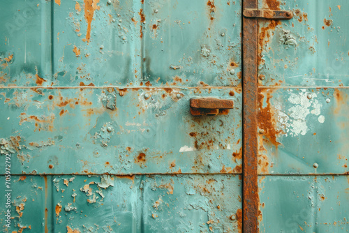 Rustic metal door with peeling paint, an image showcasing a weathered metal door with peeling paint, rust, and aged textures.