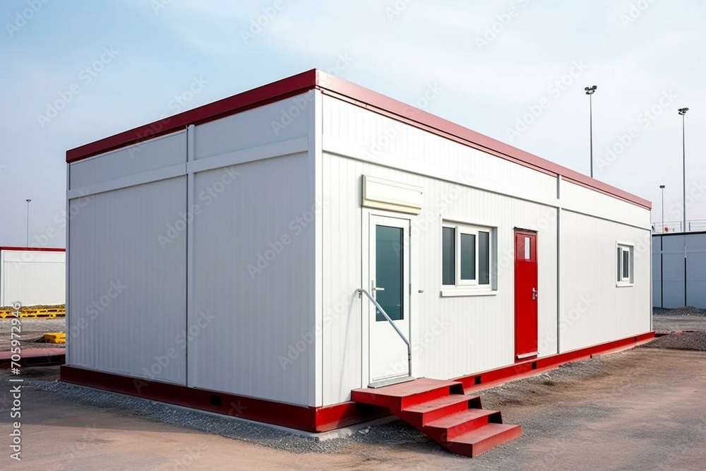Newly constructed mobile industrial building with single storey prefabricated office container at construction site. Generative AI - obrazy, fototapety, plakaty 