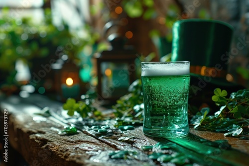 Saint Patrick s Day concept. Glass of beer with green leprechaun hat  candles and clover leaves on wooden table.