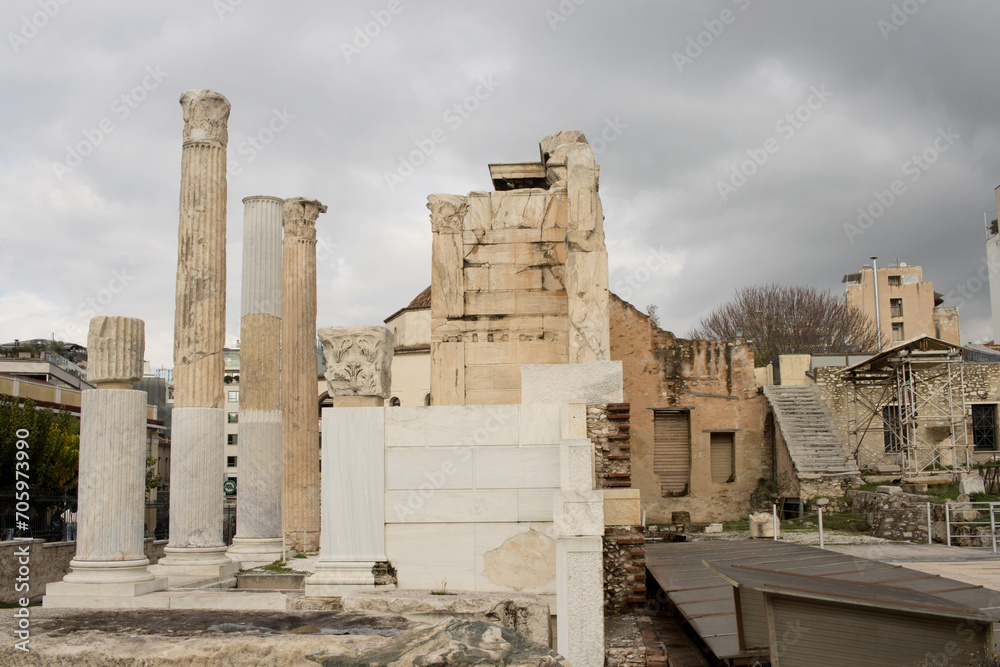 Ancient Ruins of Hadrian’s library on the North Side of the Acropolis Athens, Greece