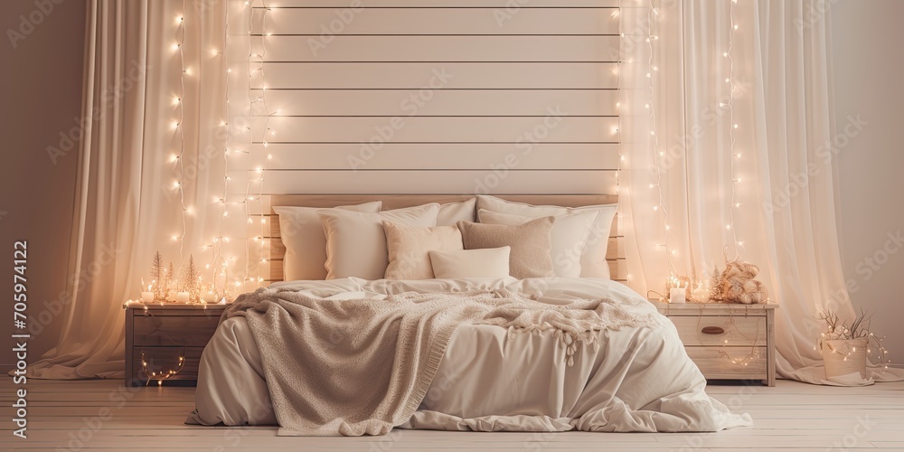 The idea of a cozy bedroom for the holidays with a bed and Christmas lights.