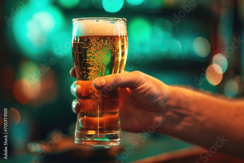 Man's hand holding a glass of beer on a blurred bokeh background with copy space. Group of friends drinking beer and having fun. Irish Pub. Saint Patrick's Day Concept