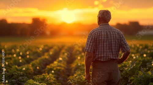 farmer standing in the middle of a field, looking at the crops. The sunset in the background bathes the field in a golden light