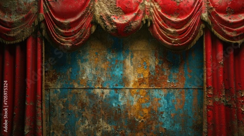 Frayed and stained theater curtains  once vibrant  now telling a silent story of past glories and countless performances