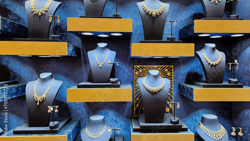gold and diamond jewellery kept at display at a store.